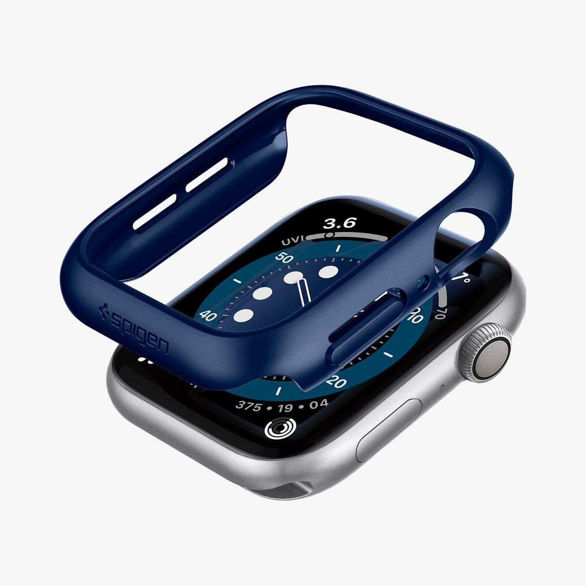 ACS02223 - Apple Watch Series (44mm) Case Thin Fit in metallic blue showing the case hovering above the watch face