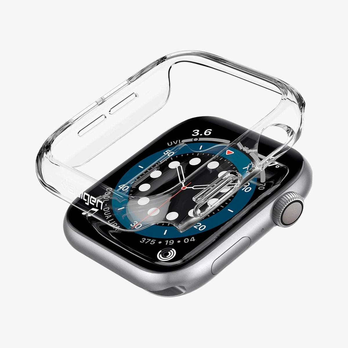ACS02814 - Apple Watch Series (44mm) Case Thin Fit in crystal clear showing the case hovering above the watch face