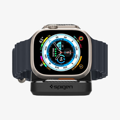 AMP05764 - Apple Watch Rugged Armor Stand in black showing the front with watch on stand