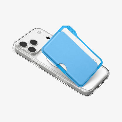 AFA07231 - MagSafe Card Holder Folder Pop (Mag Fit) in Sky Blue showing the front partially lifted front the device