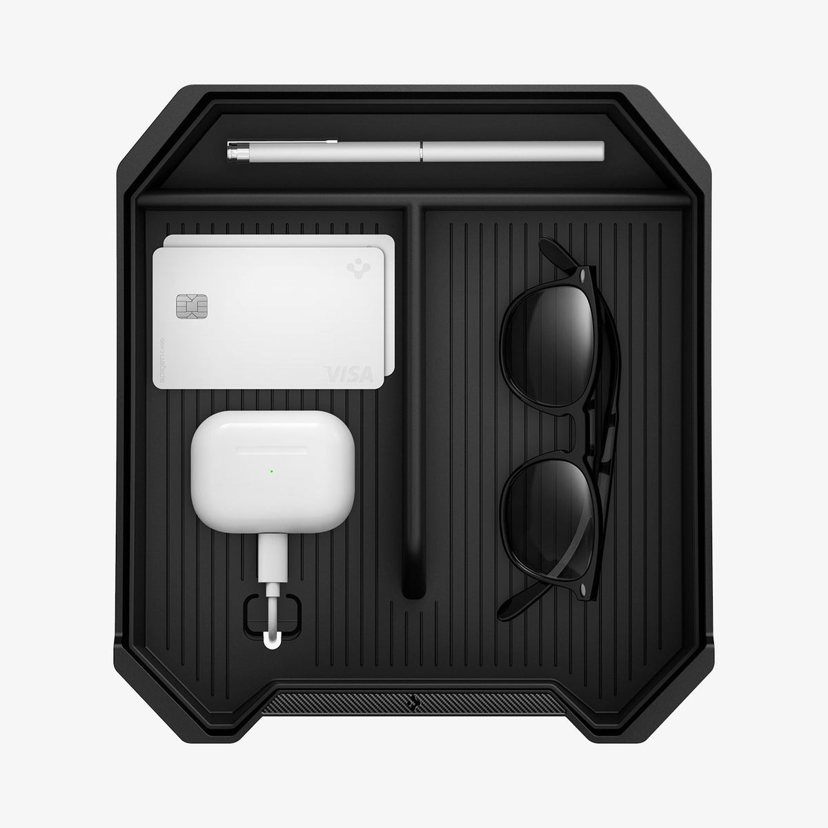 ACP07809 - Tesla Cybertruck Center Console Organizer Tray CO220T in Black showing the top, exposing the inner with multiple stuffs stored inside