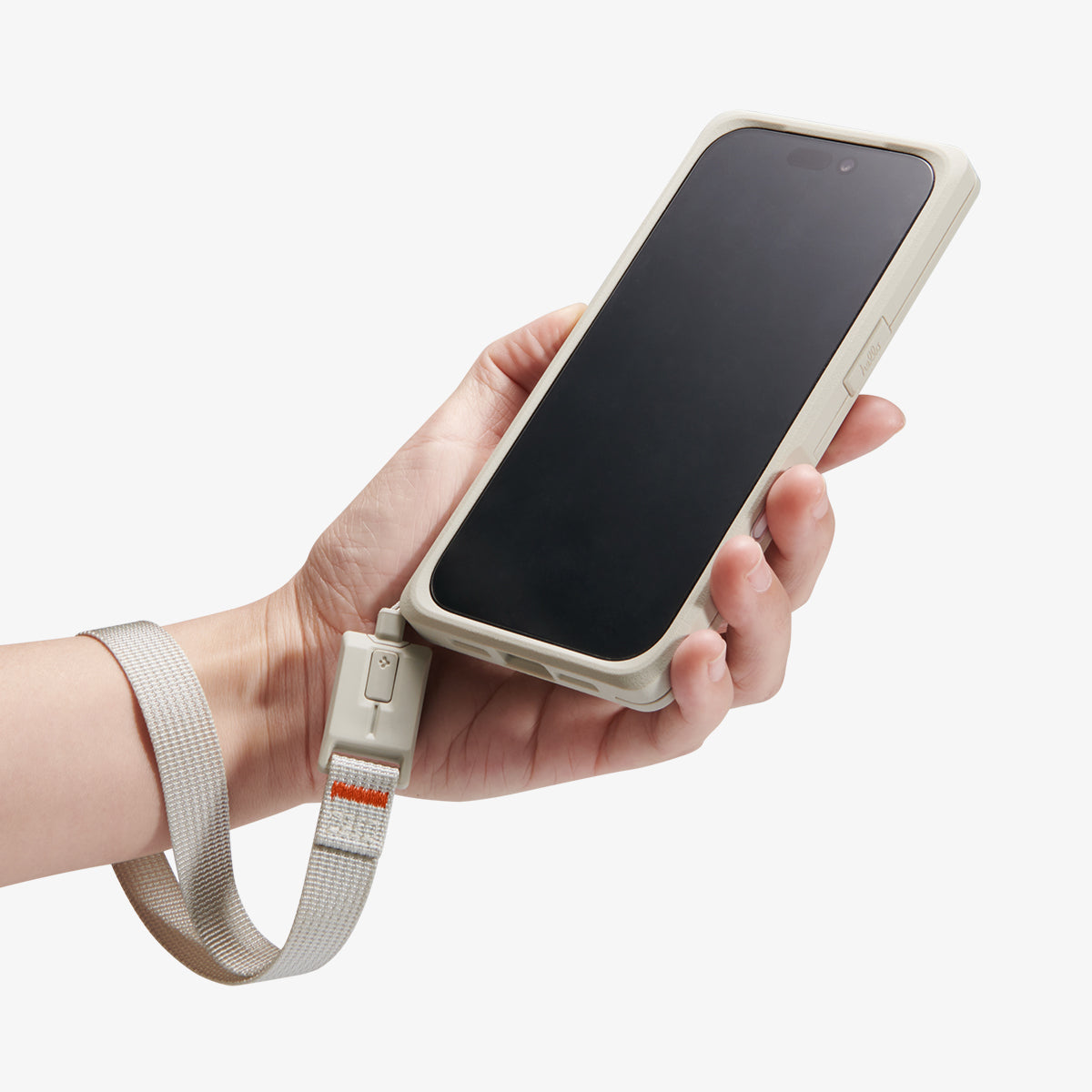 AFA10617 - DA30S LS lanyard strap light gray wrist strap attached to phone case showing secure hand grip and everyday carry us