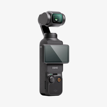AGL07481 - DJI Osmo Pocket 3 Glas.tR SLIM in Clear showing the front, partial side with camera monitor positioned horizontally facing the right side