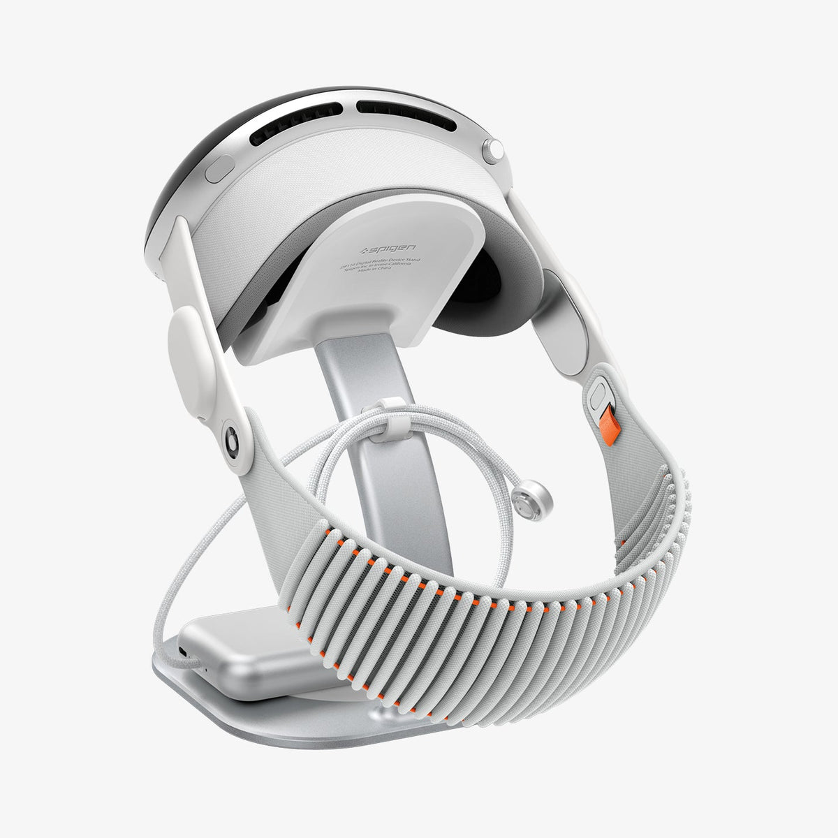 AGP08664 - Apple Vision Pro Stand DR110 in White showing the back and partial bottom with device attached