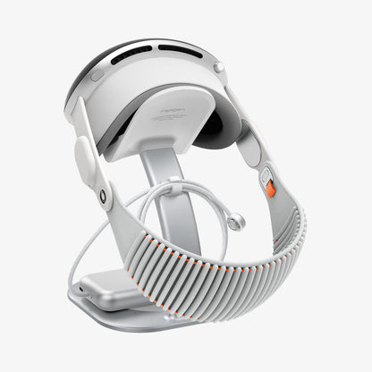 AGP08664 - Apple Vision Pro Stand DR110 in White showing the back and partial bottom with device attached