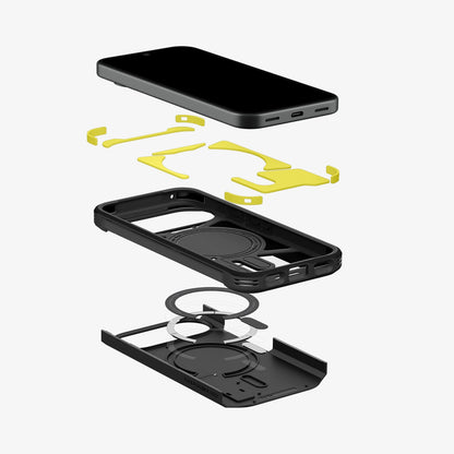 ACS11443 - Pixel 11 Tough Armor (Mag Fit) Black exploded view showing the multi layer construction, built in magnetic ring, and Extreme Protection Foam.