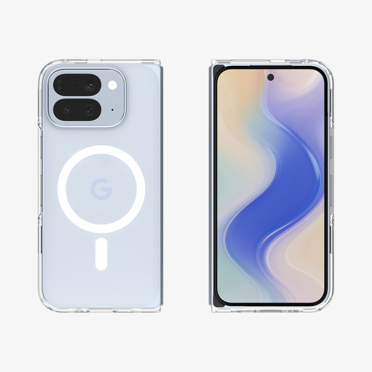 ACS09742 - Pixel 10 Pro Fold Case Ultra Hybrid Metal Ring (MagFit) in crystal clear showing the back and front of two devices