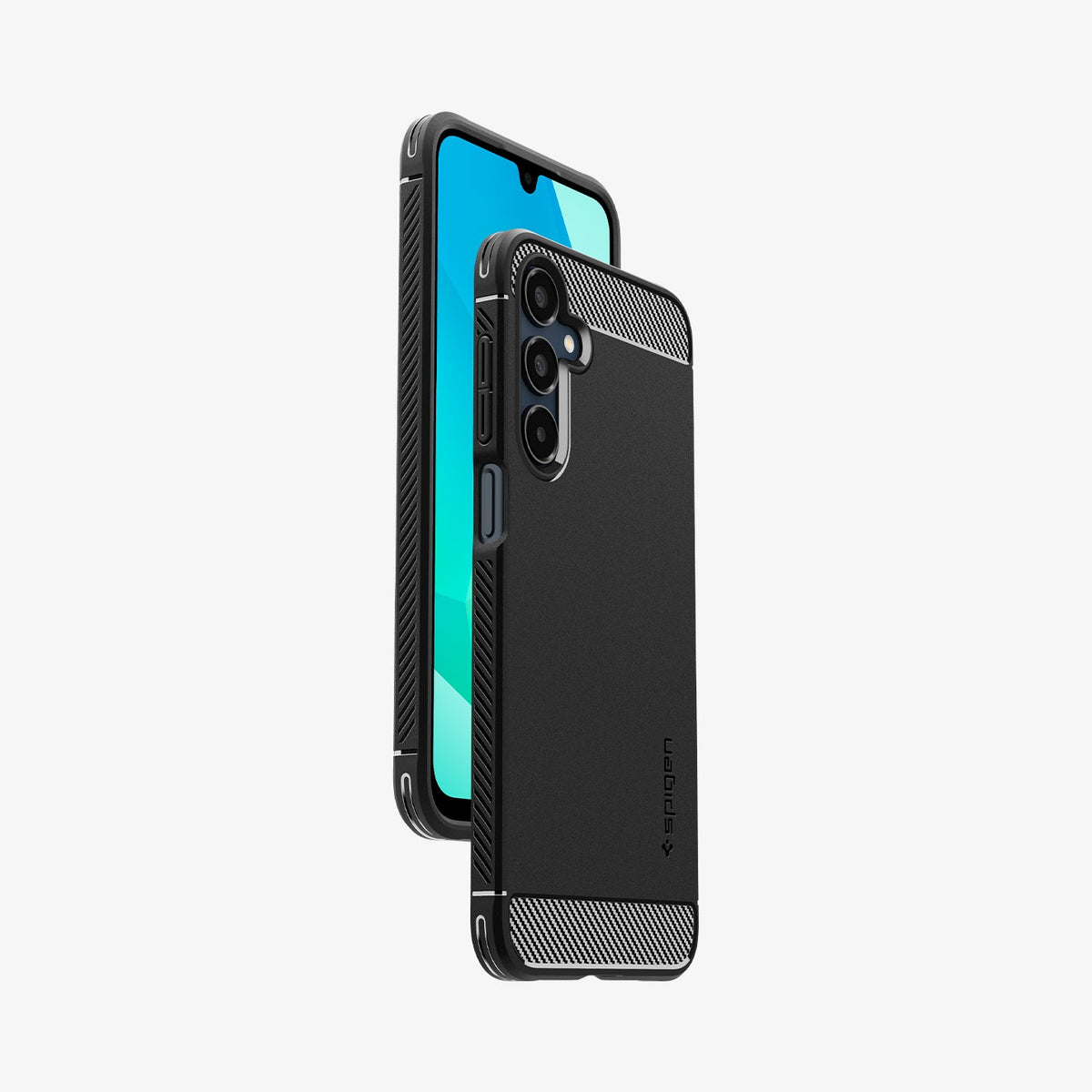 ACS08891 - Galaxy A16 5G Case Rugged Armor in Matte Black showing the back, partial side facing another device showing partial front and side