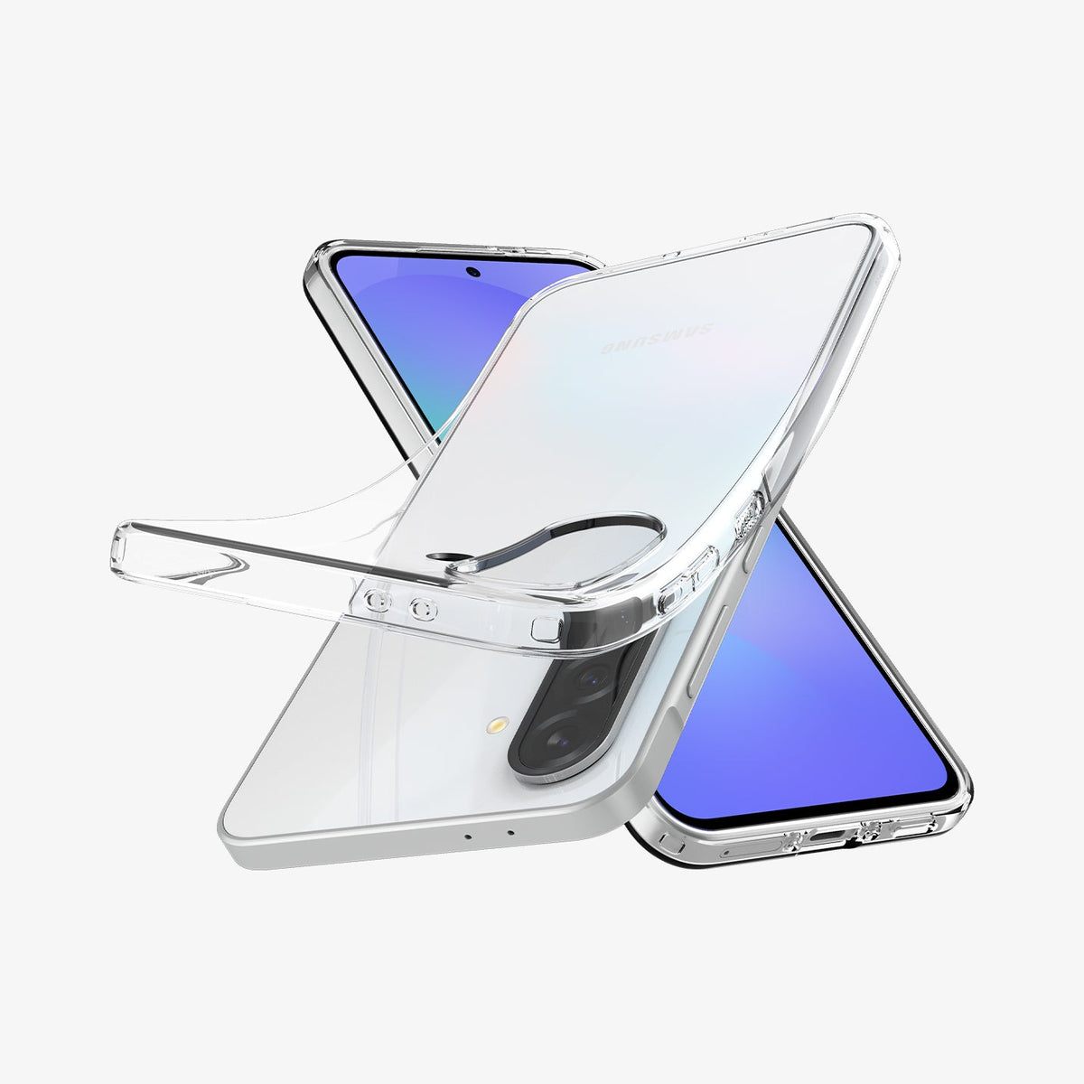 ACS09167 - Galaxy A36 5G Case Liquid Crystal in Crystal Clear showing the back, partial sides, bottom and top, case partially lifted at the top showing partial front