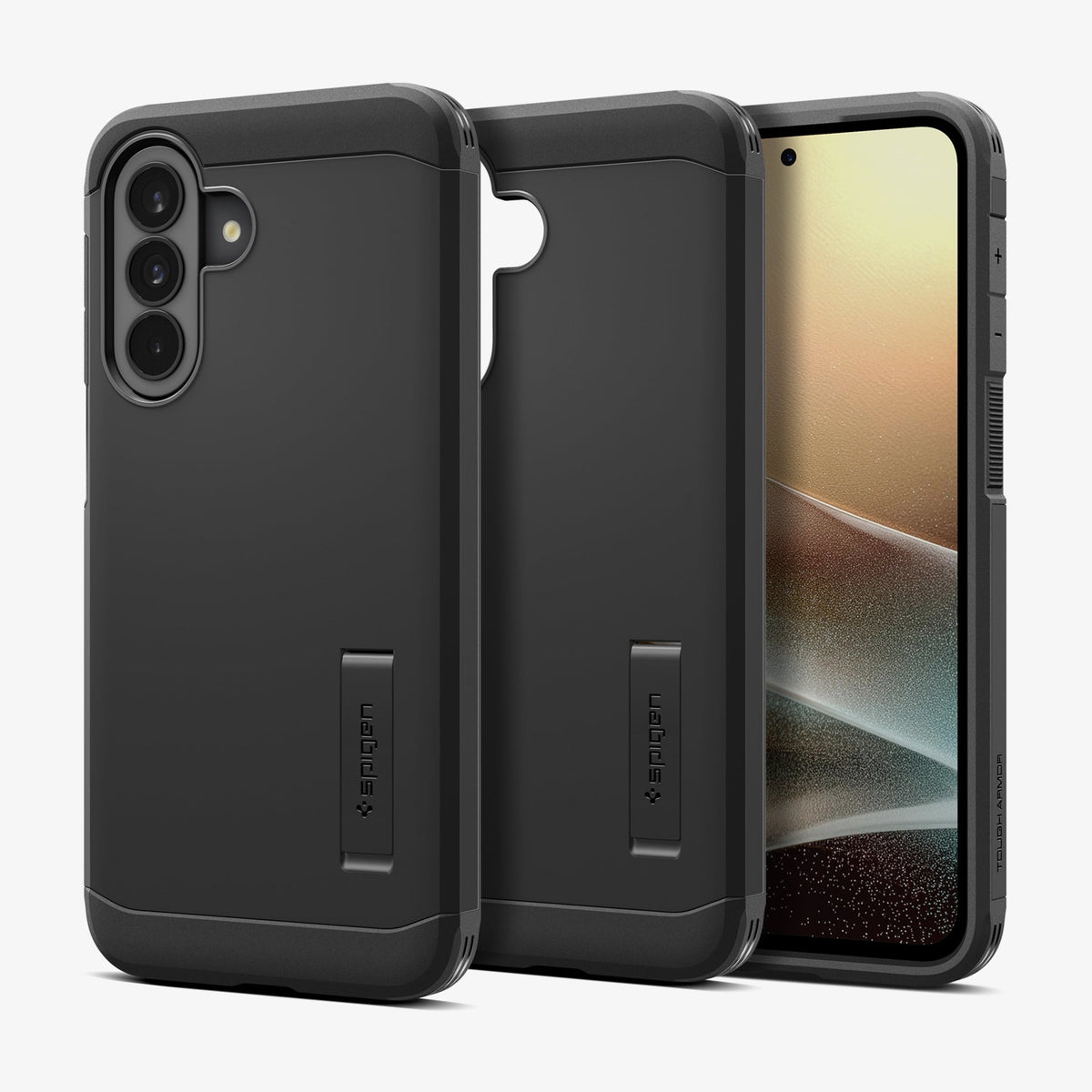 ACS11131 - Spigen Tough Armor Galaxy A37 5G case in Black shown from back, interior, and front angles with built-in kickstand