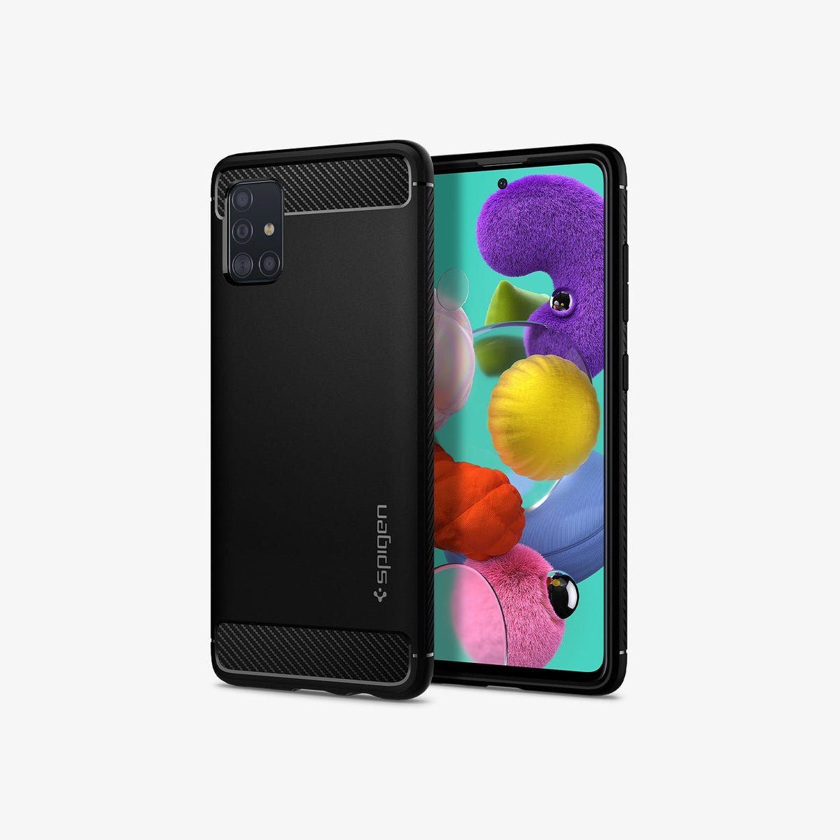 ACS00563 - Galaxy A51 Case Rugged Armor in Matte Black showing the back, next to it is another device showing front