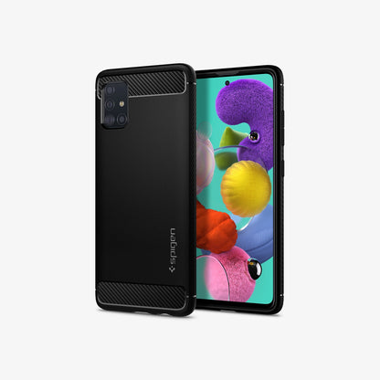 ACS00563 - Galaxy A51 Case Rugged Armor in Matte Black showing the back, next to it is another device showing front