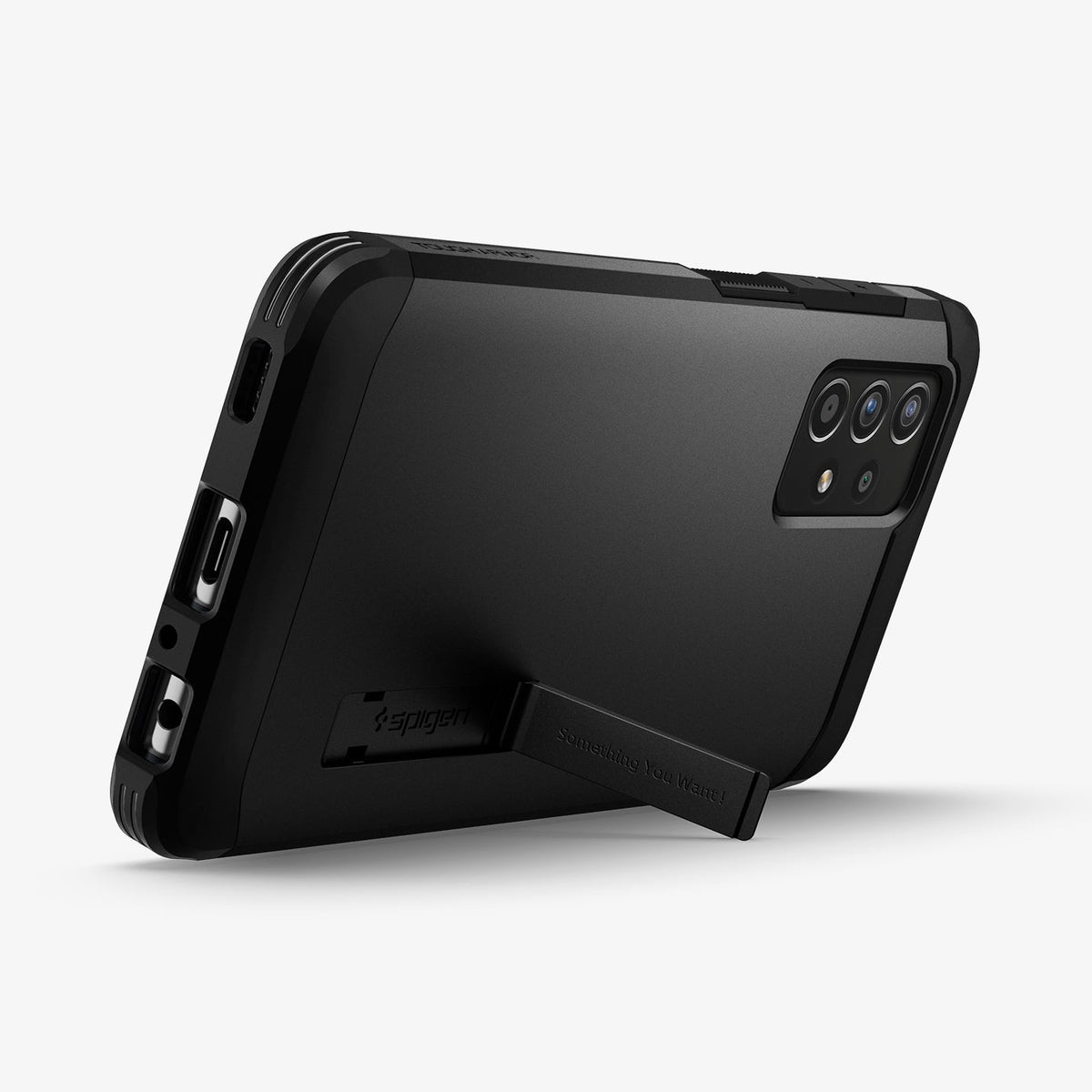 ACS02319 - Galaxy A52 Case Tough Armor in Black showing the back, partial bottom with a built-in kickstand propped up