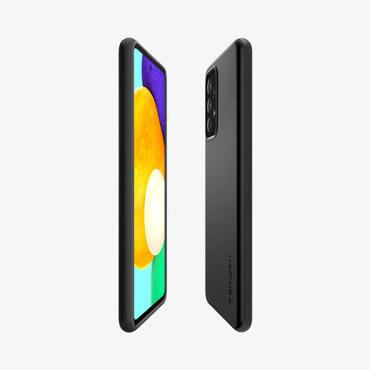 ACS02314 - Galaxy A52 Case Thin Fit in Black showing the sides, partial back and front, 2 devices aligned with each other