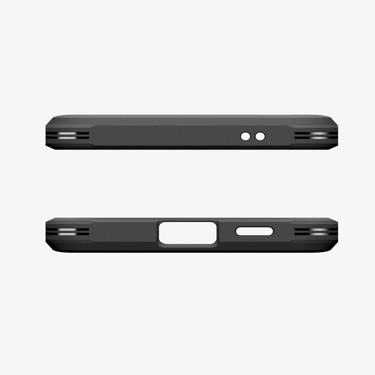 ACS11125 - Spigen Tough Armor Galaxy A57 5G case in Black - top and bottom edge views showing speaker and charging port cutouts