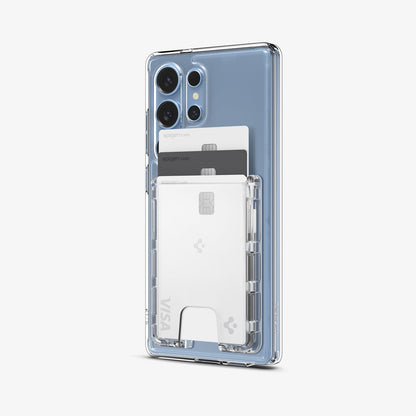 AFA09206 - Galaxy S25 Series Ultra Hybrid MagFit Wallet (MagFit) in Crystal Clear showing the front, with 3 cards inserted attached to a device