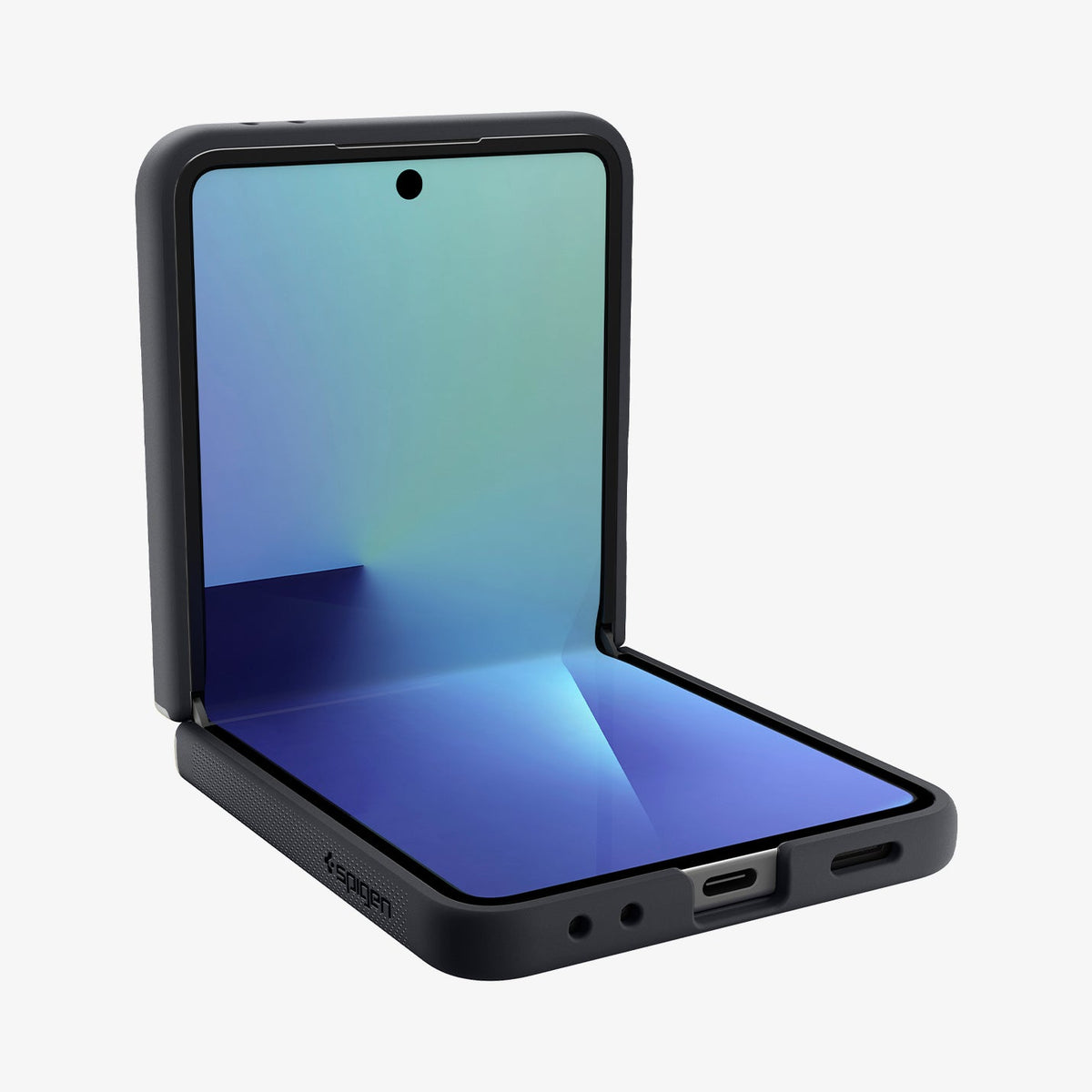 ACS11158 - Galaxy Z Flip 7 Nano Pop (MagFit) in Black Sesame showing the front, side and bottom with device half open