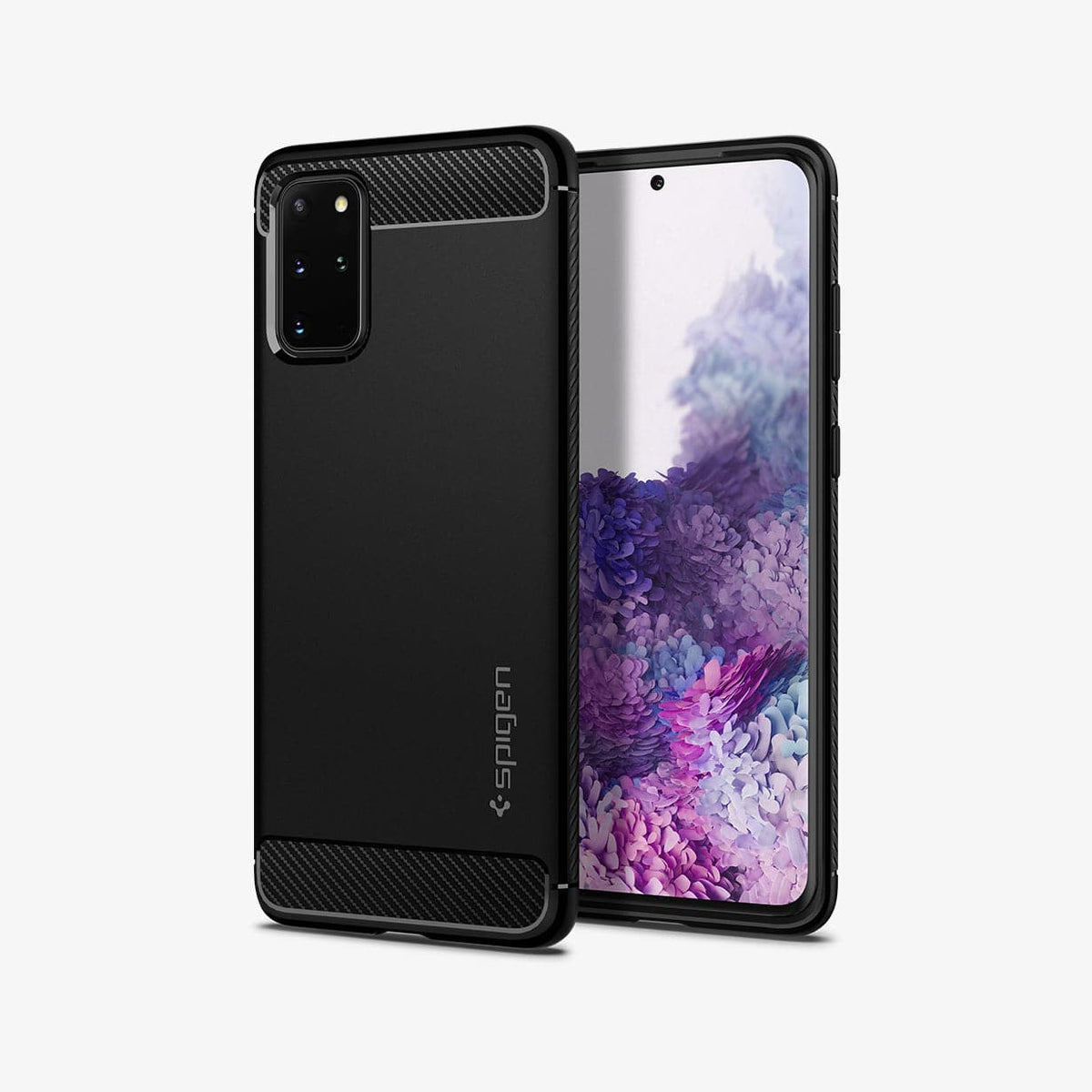 ACS00753 - Galaxy S20 Plus Rugged Armor Case in black showing the back and front