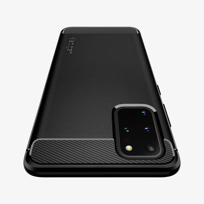 ACS00753 - Galaxy S20 Plus Rugged Armor Case in black showing the back and top zoomed in