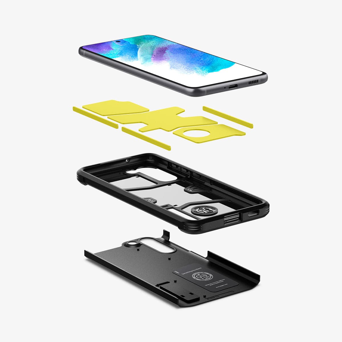 ACS03059 - Galaxy S21 FE Tough Armor Case in black showing the hard pc, soft tpu, impact foam and device
