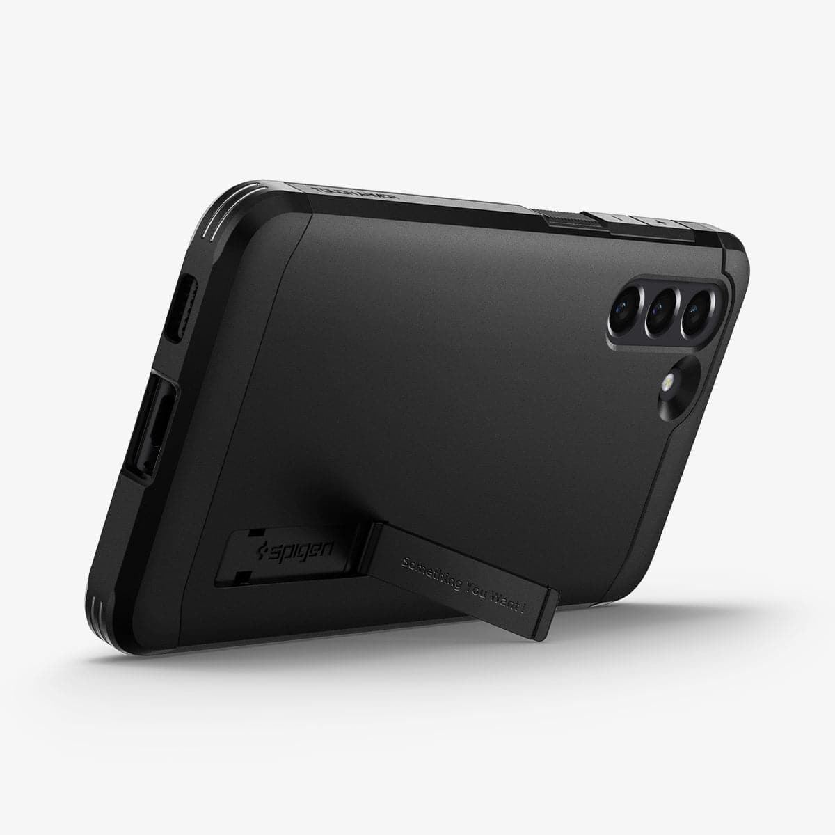 ACS03059 - Galaxy S21 FE Tough Armor Case in black showing the back with device propped up by built in kickstand
