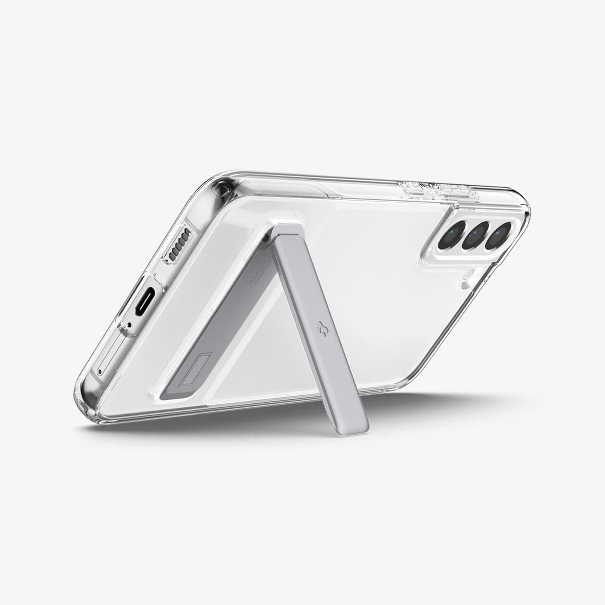 ACS04015 - Galaxy S22 5G Case Slim Armor Essential S in crystal clear showing the back and bottom with device propped up horizontally by built in kickstand