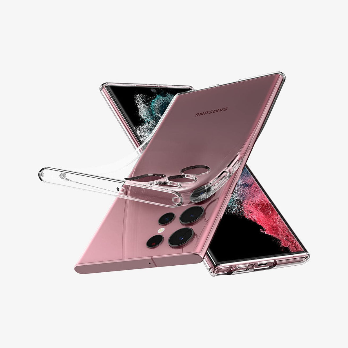 ACS03912 - Galaxy S22 Ultra 5G Case Liquid Crystal in crystal clear showing the back with case bending away from device, front and sides