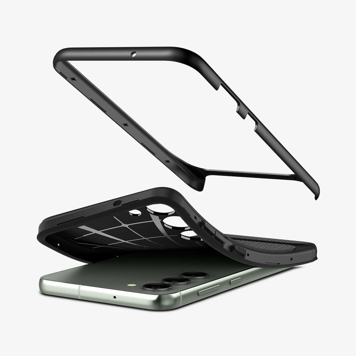 ACS05674 - Galaxy S23 Plus Case Neo Hybrid in black showing the back bending slightly away from device and back component hovering above