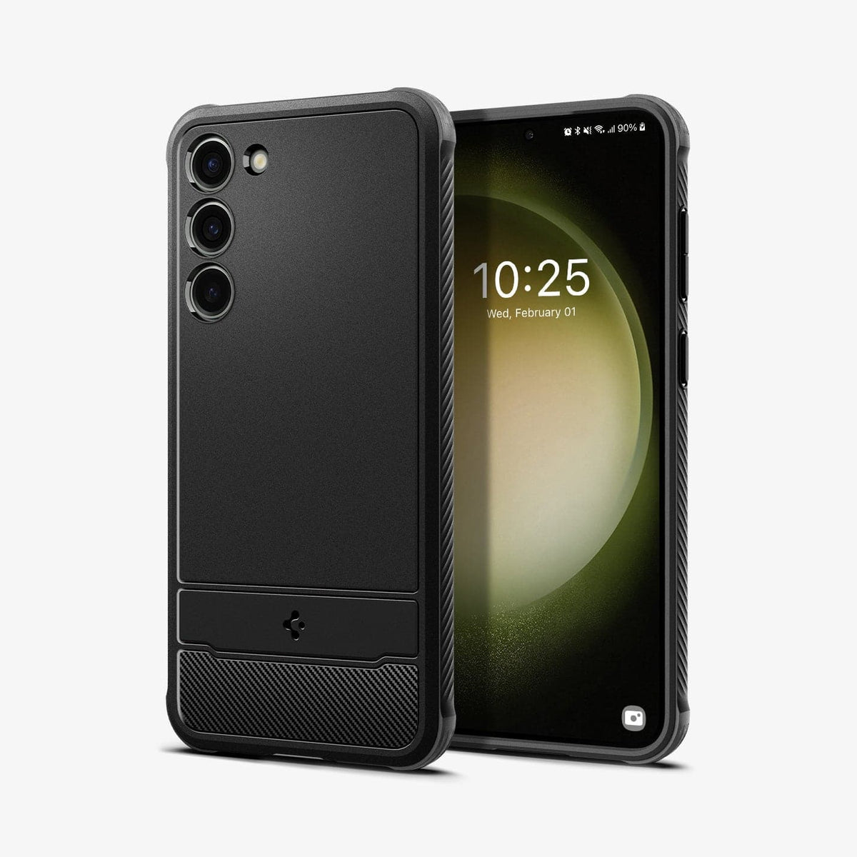 ACS05711 - Galaxy S23 Case Rugged Armor in matte black showing the back and front