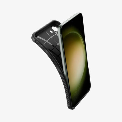 ACS05711 - Galaxy S23 Case Rugged Armor in matte black showing the case bending away from device to show the flexibility