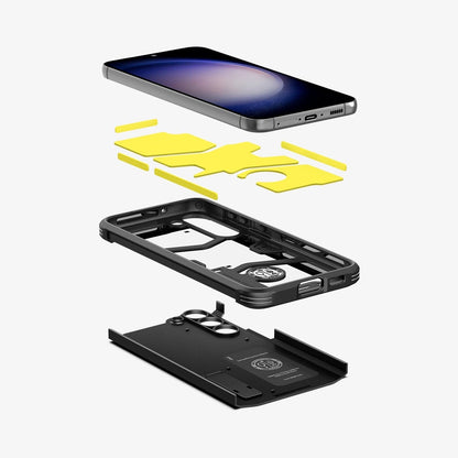 ACS05718 - Galaxy S23 Case Tough Armor in black showing the hard pc, flexible tpu, impact foam and device