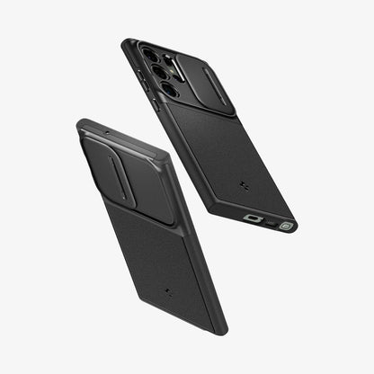 ACS05639 - Galaxy S23 Ultra Case Optik Armor in black showing the back, side and bottom on multiple devices
