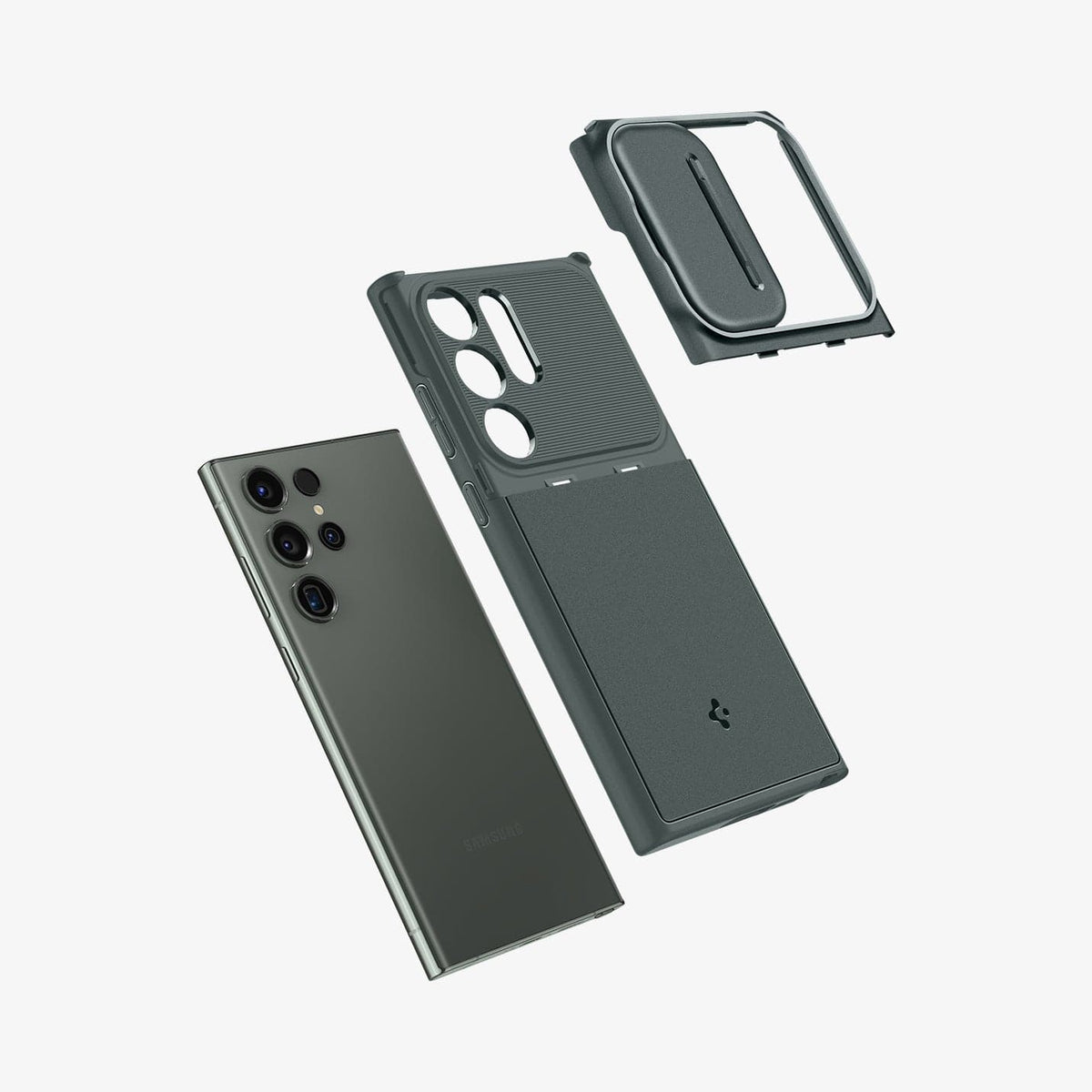 ACS06081 - Galaxy S23 Ultra Case Optik Armor in abyss green showing the multiple layers of lens protector and case hovering above device