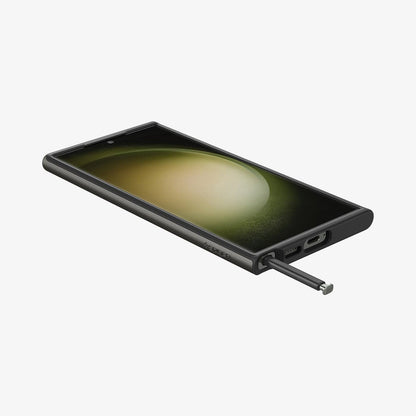 ACS05627 - Galaxy S23 Ultra Case Neo Hybrid in gunmetal showing the front, side and bottom with s pen sticking out of slot