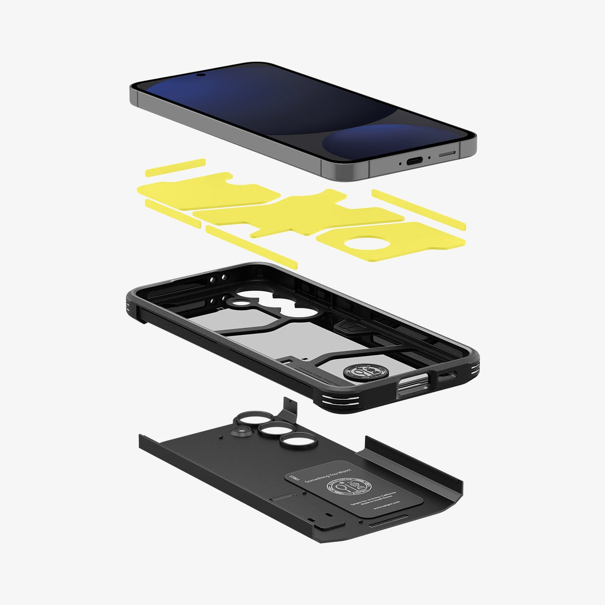 ACS08623 - Galaxy S24 FE Case Tough Armor (MagFit) in Black showing the front of device hovering above the impact foam detached from frame and hard layer of the case