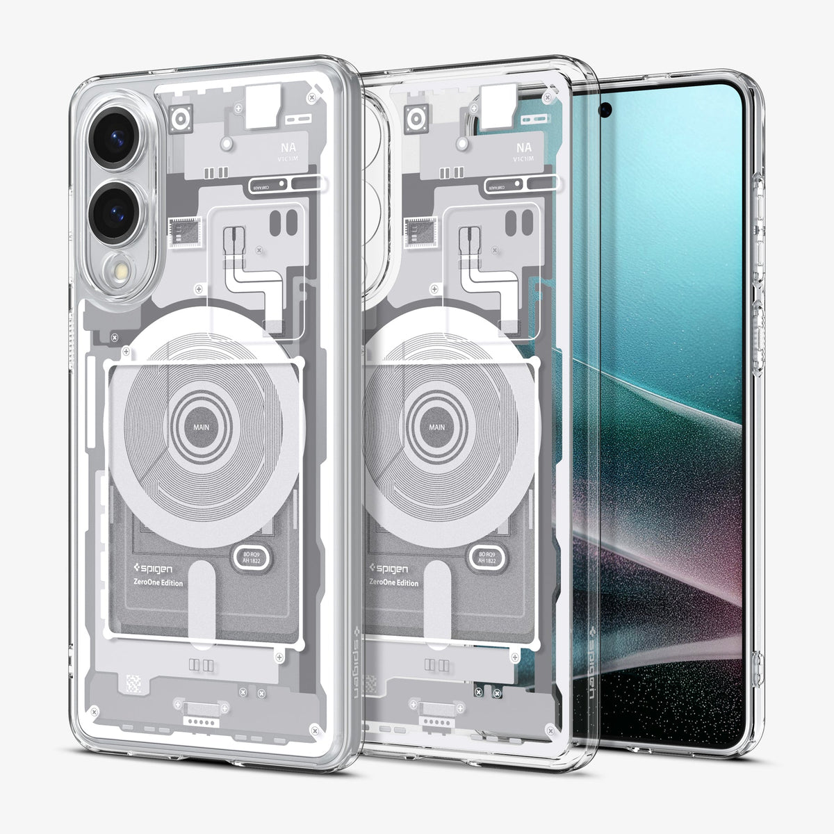 ACS09417 - Galaxy S25 Edge Case Ultra Hybrid Zero One in Zero One White showing the back with the device, partial back of the case, partial front and sides