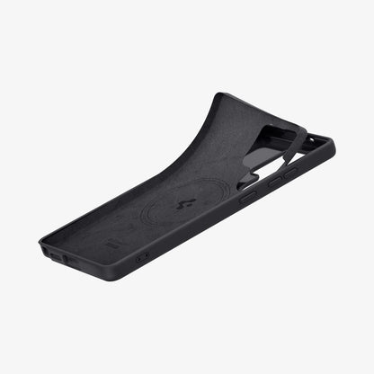 ACS09017 - Galaxy S25 Ultra Case Silicone Fit (MagFit + Qi2 Ready) in Black showing the partial side, bottom and inner layer fabric partially peeled off from the back cover of the case