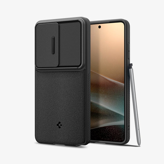 ACS11040 - Galaxy S26 Ultra Optik Armor in Black showing the back with the device, partial back case only, partial front and sides