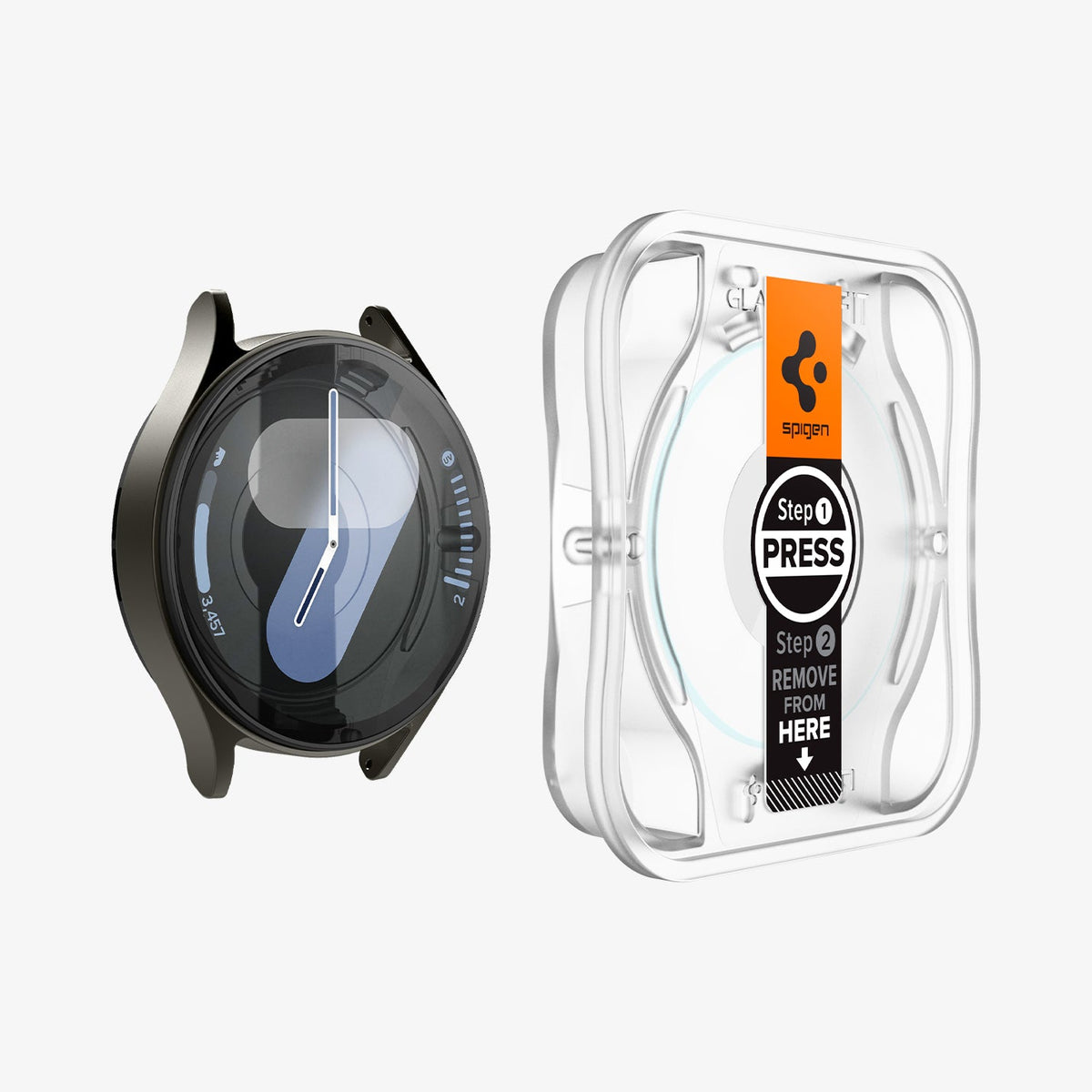 AGL08350 - Galaxy Watch 7 (44mm) GLAS.tR EZ Fit in Clear showing the installation tray hovering in front of watch face