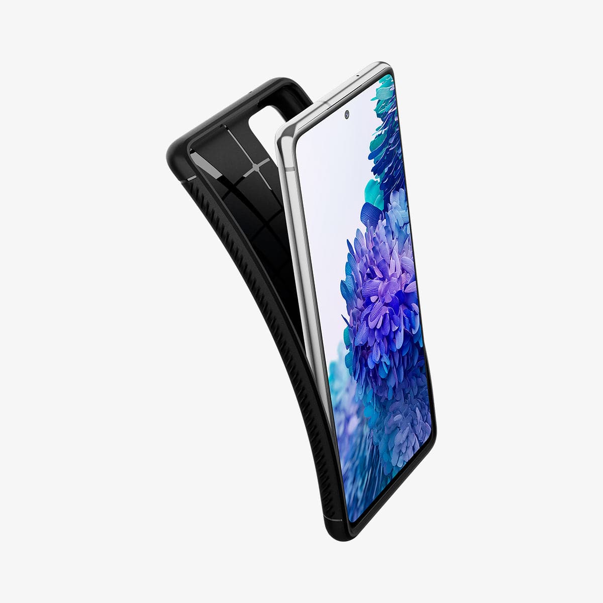 ACS01847 - Galaxy S20 FE Rugged Armor Case in black showing the front with case bending away from the device