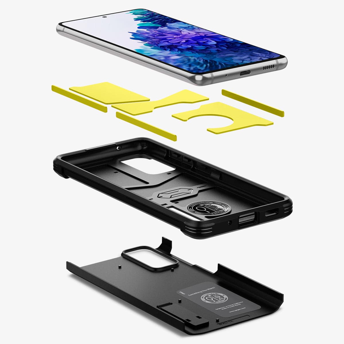 ACS02279 - Galaxy S20 FE Tough Armor Case in black showing the device, impact foam, soft tpu and hard pc