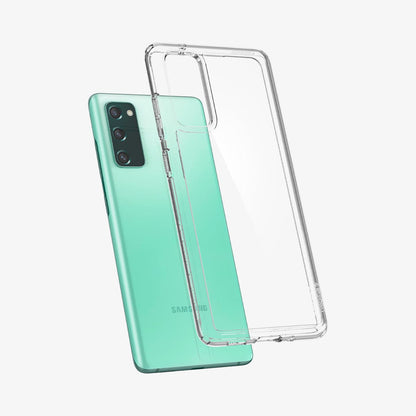 ACS01848 - Galaxy S20 FE Ultra Hybrid Case in crystal clear showing the back with case hovering away from the device
