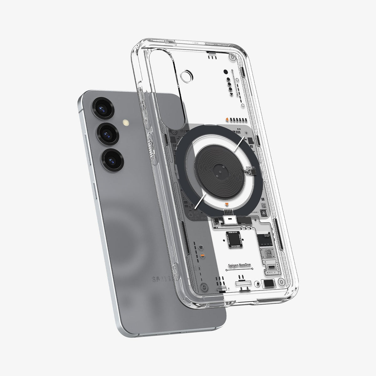 ACS09470 - Galaxy S25 Case Ultra Hybrid Metal Ring Neo One (MagFit) in Neo One showing the back, partial side and bottom hovering above the device