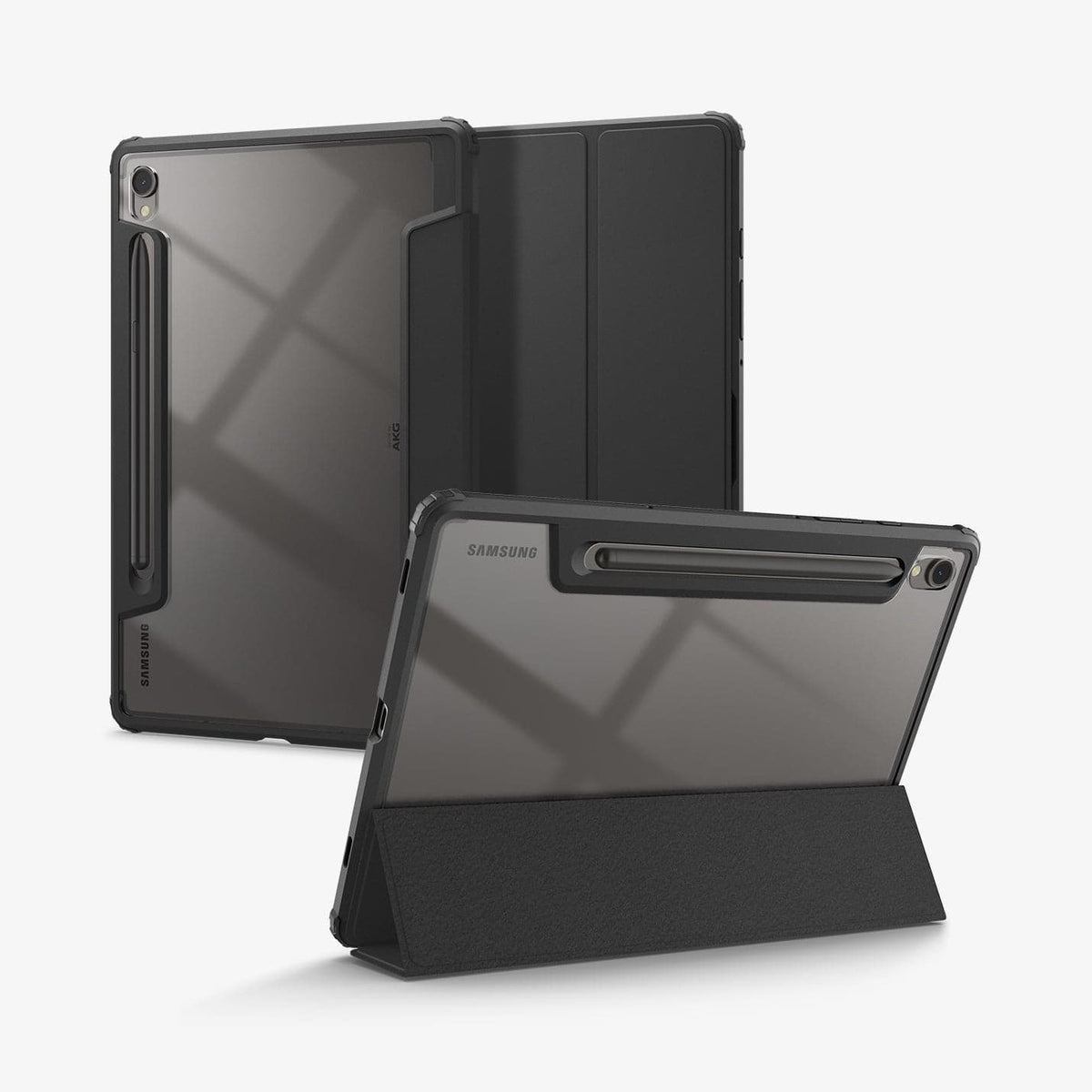 ACS07077 - Galaxy Tab S9 Case Ultra Hybrid Pro in black showing the back, front and device propped up by built in kickstand