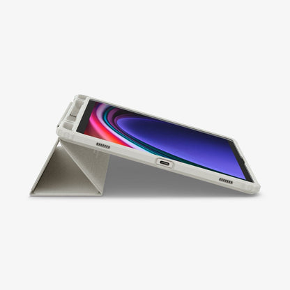 ACS06838 - Galaxy Tab S9 Case Ultra Hybrid Pro in gray showing the front and bottom with device propped up by built in kickstand
