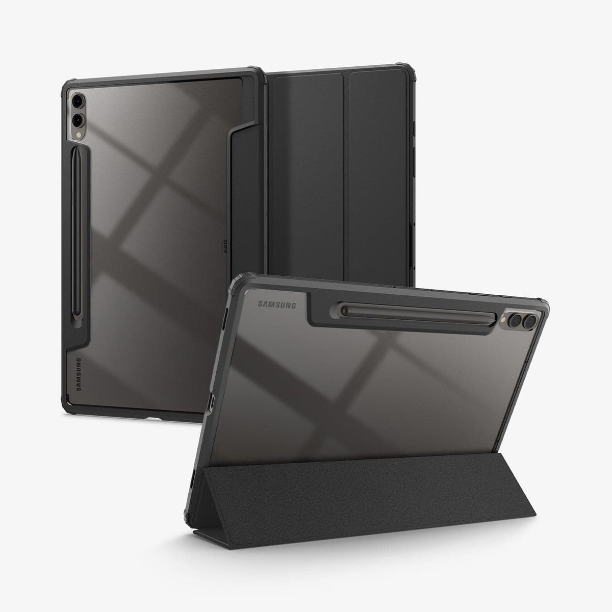 ACS07076 - Galaxy Tab S9 Plus Case Ultra Hybrid Pro in black showing the back, front and device propped up by built in kickstand