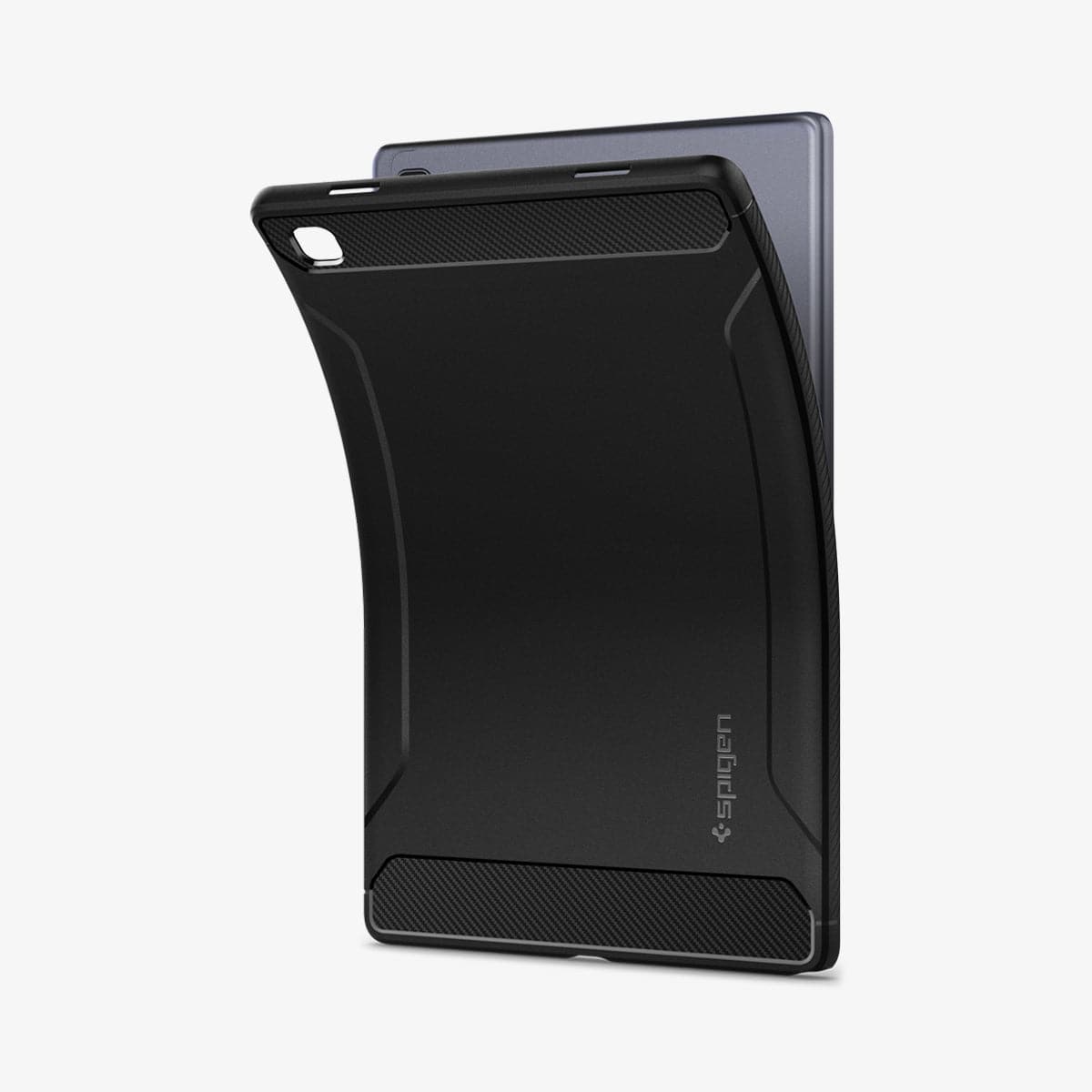 ACS01562 - Galaxy Tab A7 Case Rugged Armor in matte black showing the case bending away from device to show the flexibility