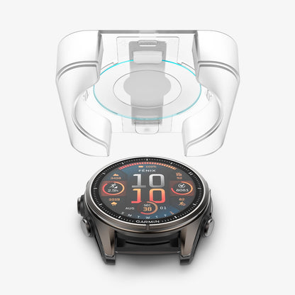 AGL09159 - Fenix 8 (43mm) Glas.tR EZ FIT in Clear showing the ez fit tray hovering above the watch face