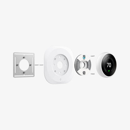 AHP03710 - Google Nest Learning Thermostat 3G Wall Plate in white showing the multiple parts of wall plate hovering behind the google nest