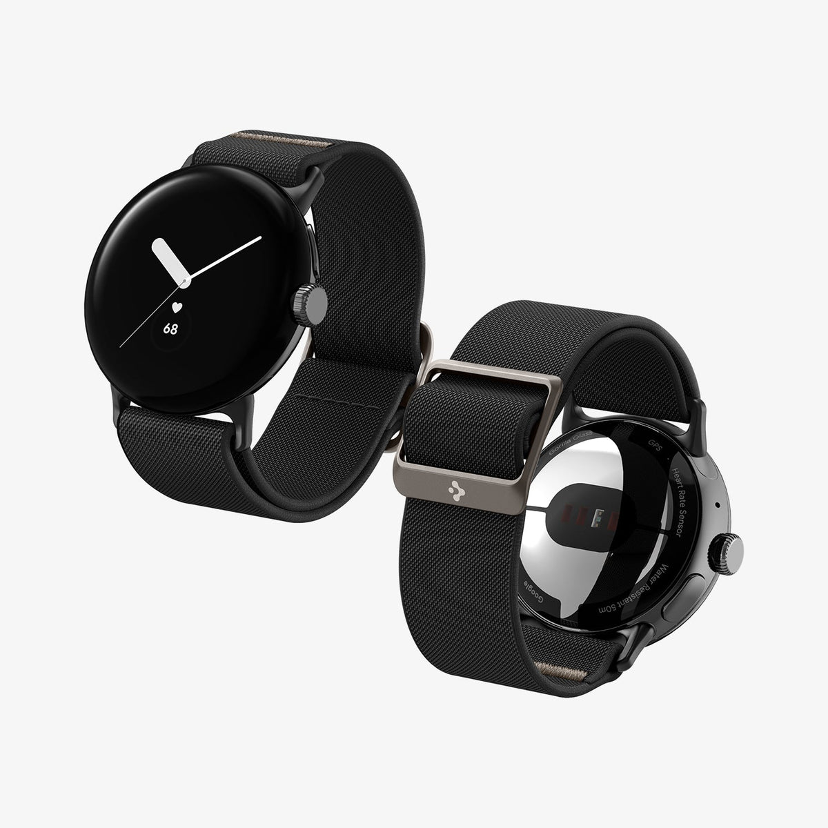 AMP06348 - Pixel Watch 5 (41mm) Lite Fit Black angled views highlighting the flexible woven construction and premium metal buckle.